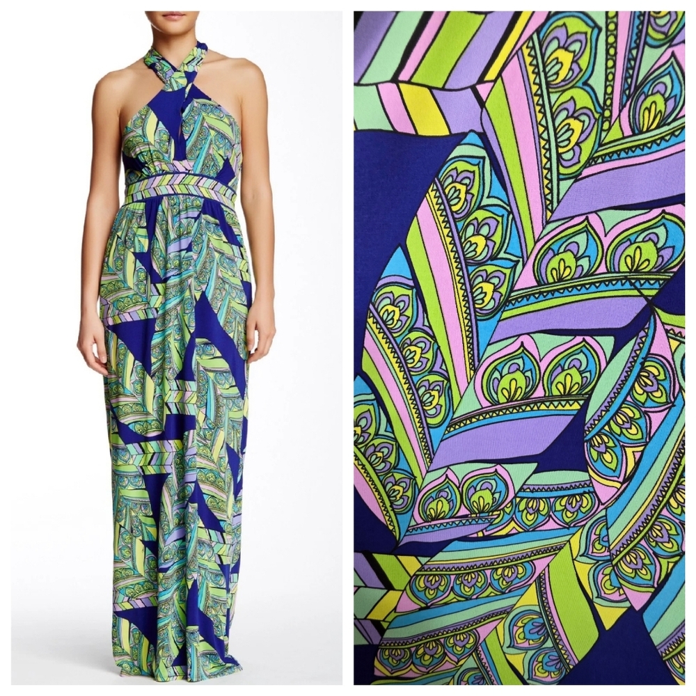 NWT Trina Turk Tilly Feather Print Halter Maxi Dress